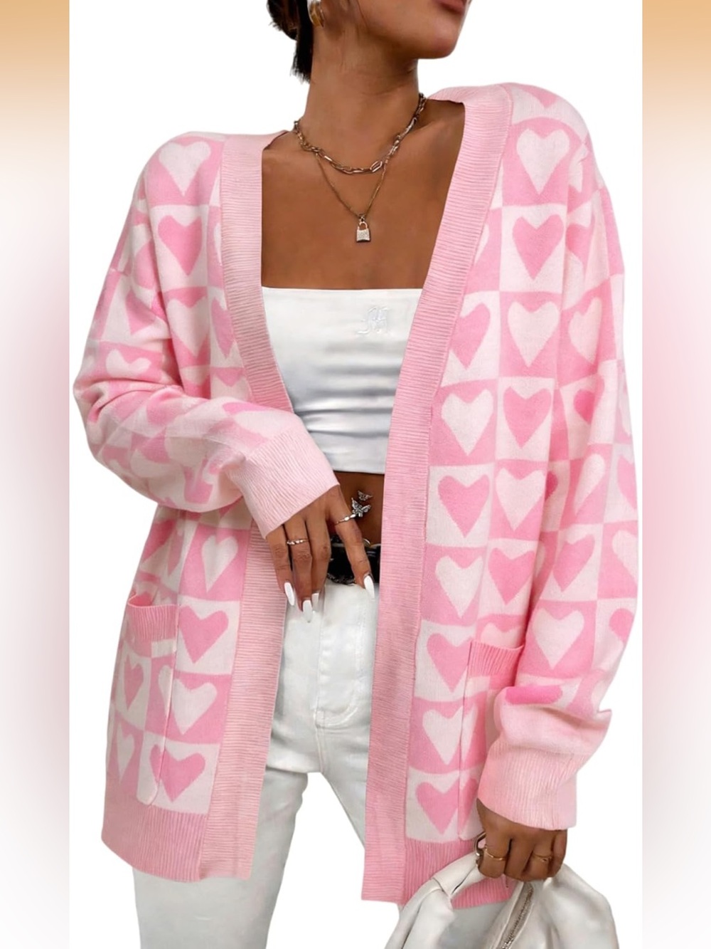 Pink Heart-Pattern Open Cardigan Sweater